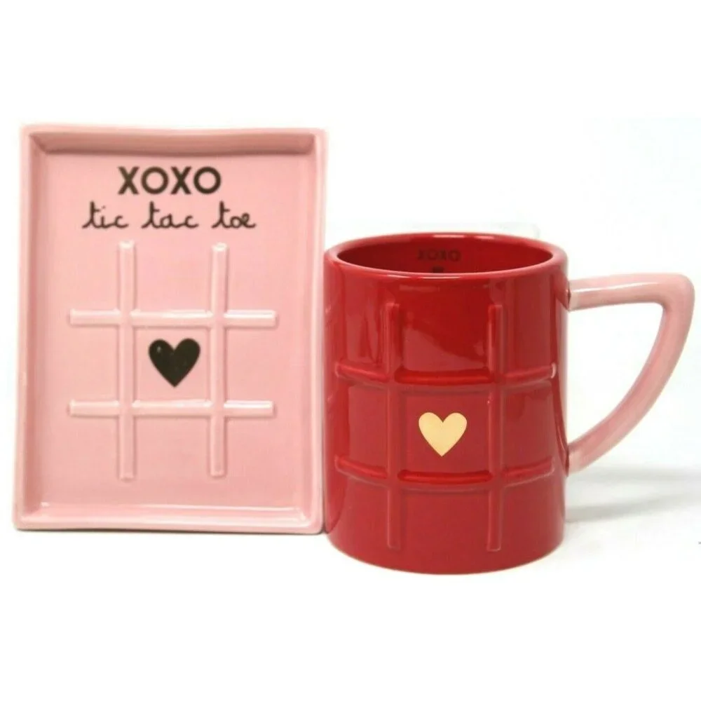 NEW MAGENTA Red Pink XOXO Tic Tac Toe Mug Coffee Cup & Tray Love Valentine RARE